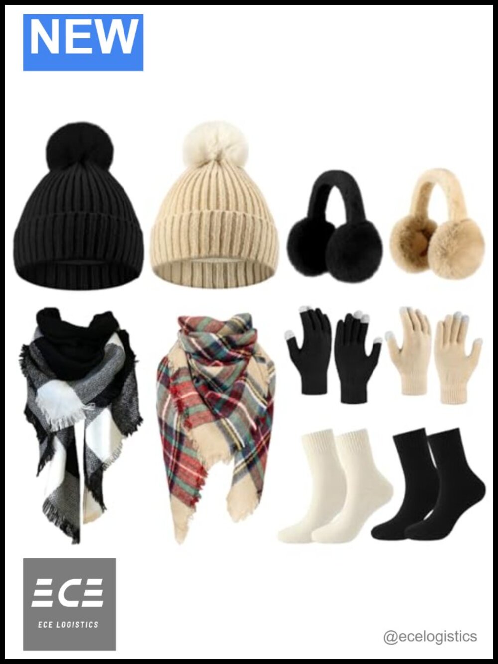 10 Pc Winter Beanie Hat Scarf Gloves Ear Muffs Socks Set Knit Pompom Touch
